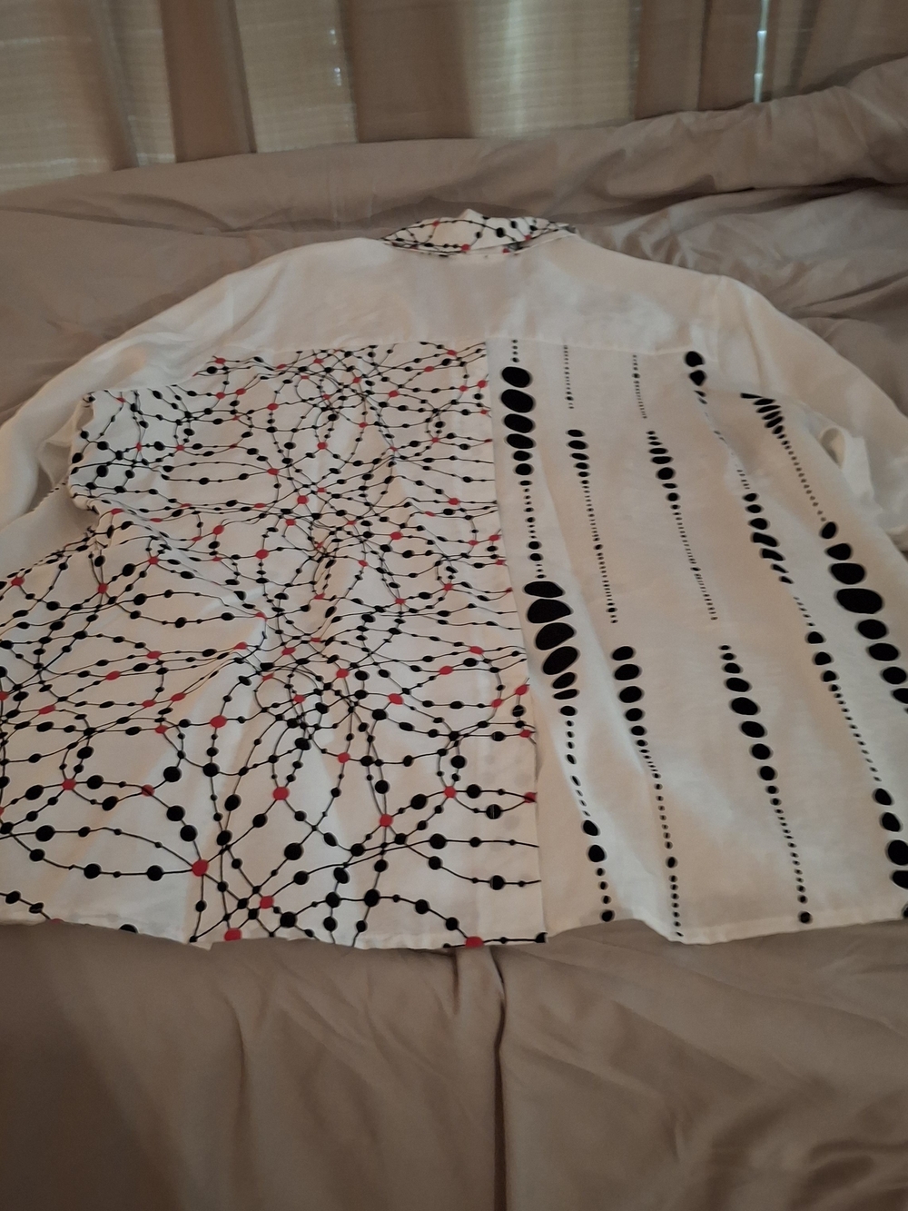 NorthStyle Women's White Button-Up Blouse with Black & Red Dot Pattern - Picture 7 of 7
